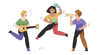 3 personnes jouent de la musique et dansent
