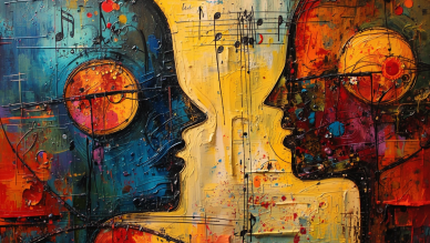 peinture de deux visages de profil et des notes de musique