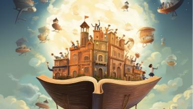 livre volant avec ville et personnages dessus