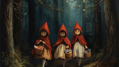 3 petits chaperons rouges dans une forêt