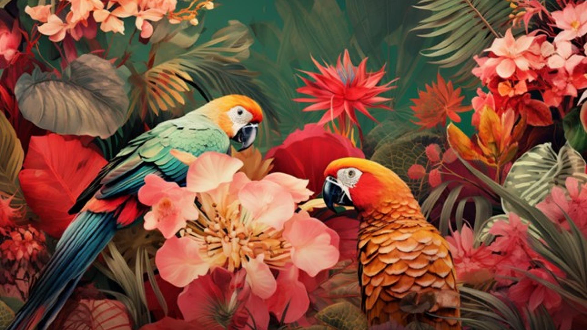 deux perroquets au milieu des fleurs