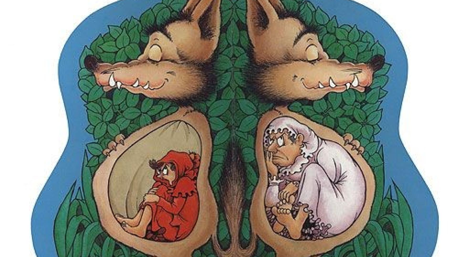 illustration de loup, petit chaperon rouge et grand-mère