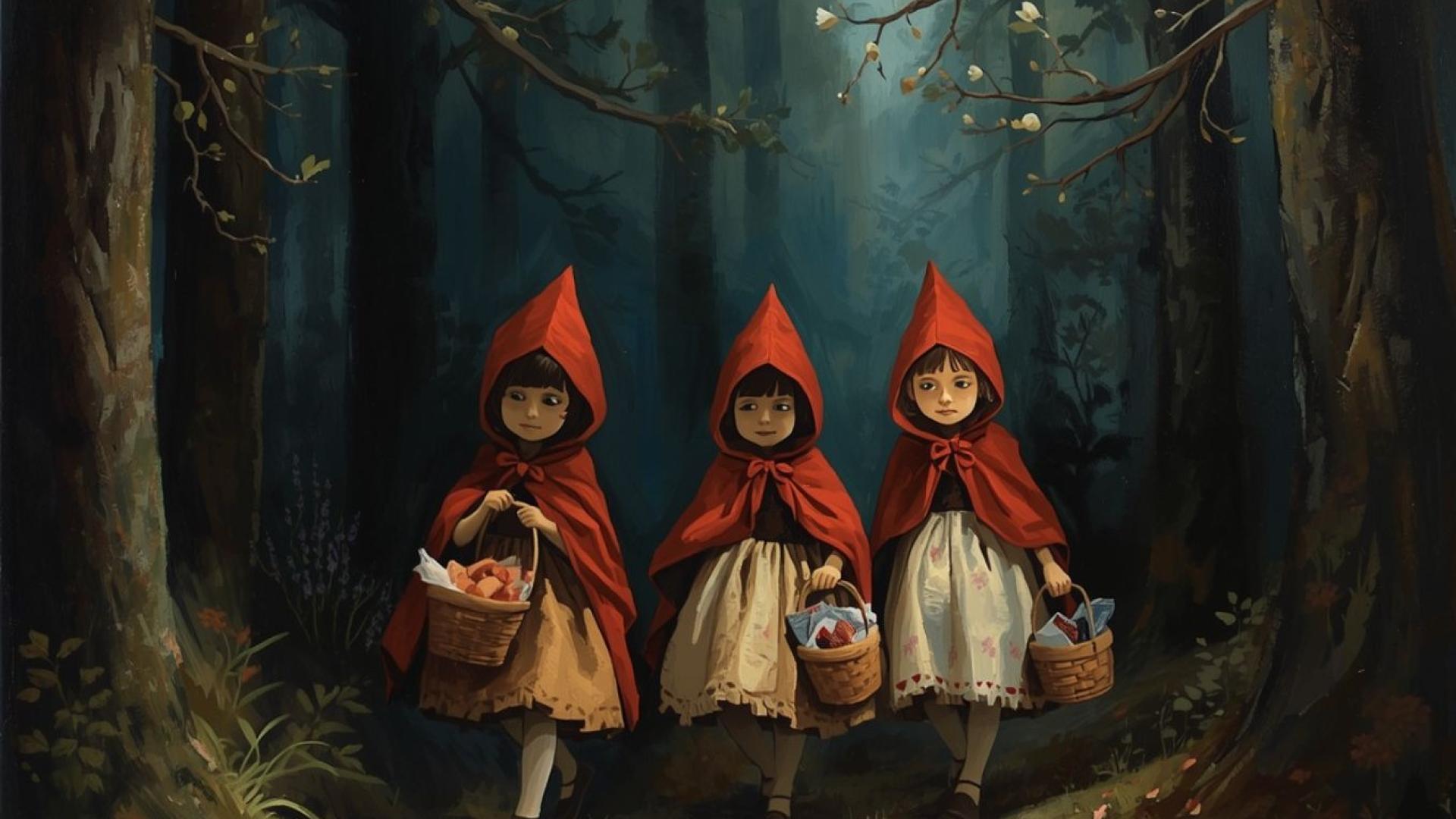 3 petits chaperons rouges dans une forêt